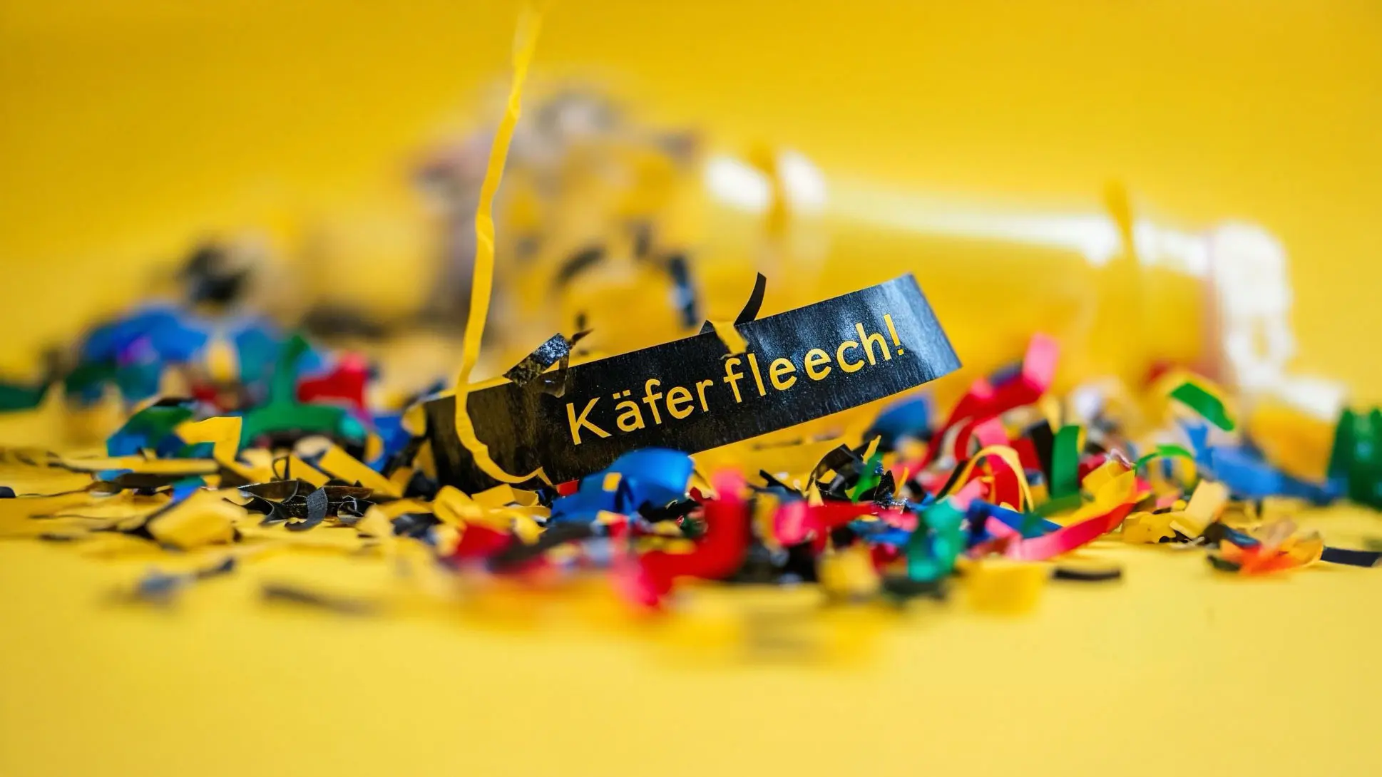 Bunte Festbänder und ein Schild mit der Aufschrift Käfer fleech!